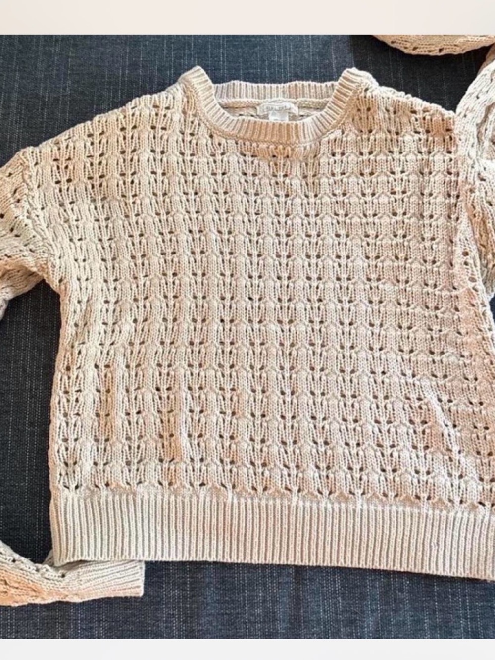 Light Beige Open-Knit Crewneck Sweater
